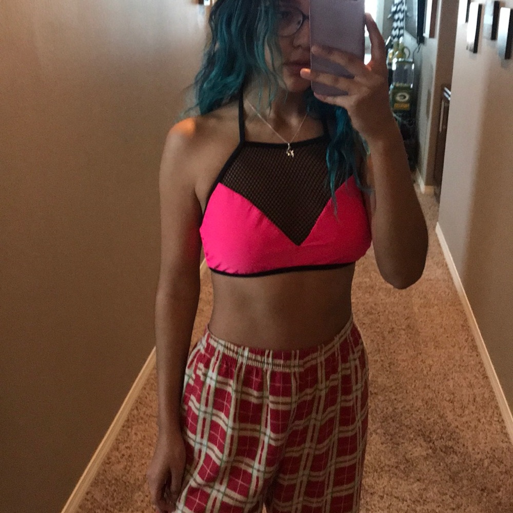 mesh top neon pink bathing suit